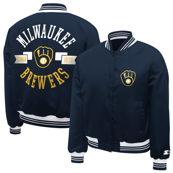 Women's Starter  Navy Milwaukee Brewers Printed Logo Cropped Satin Varsity Full-Snap Jacket