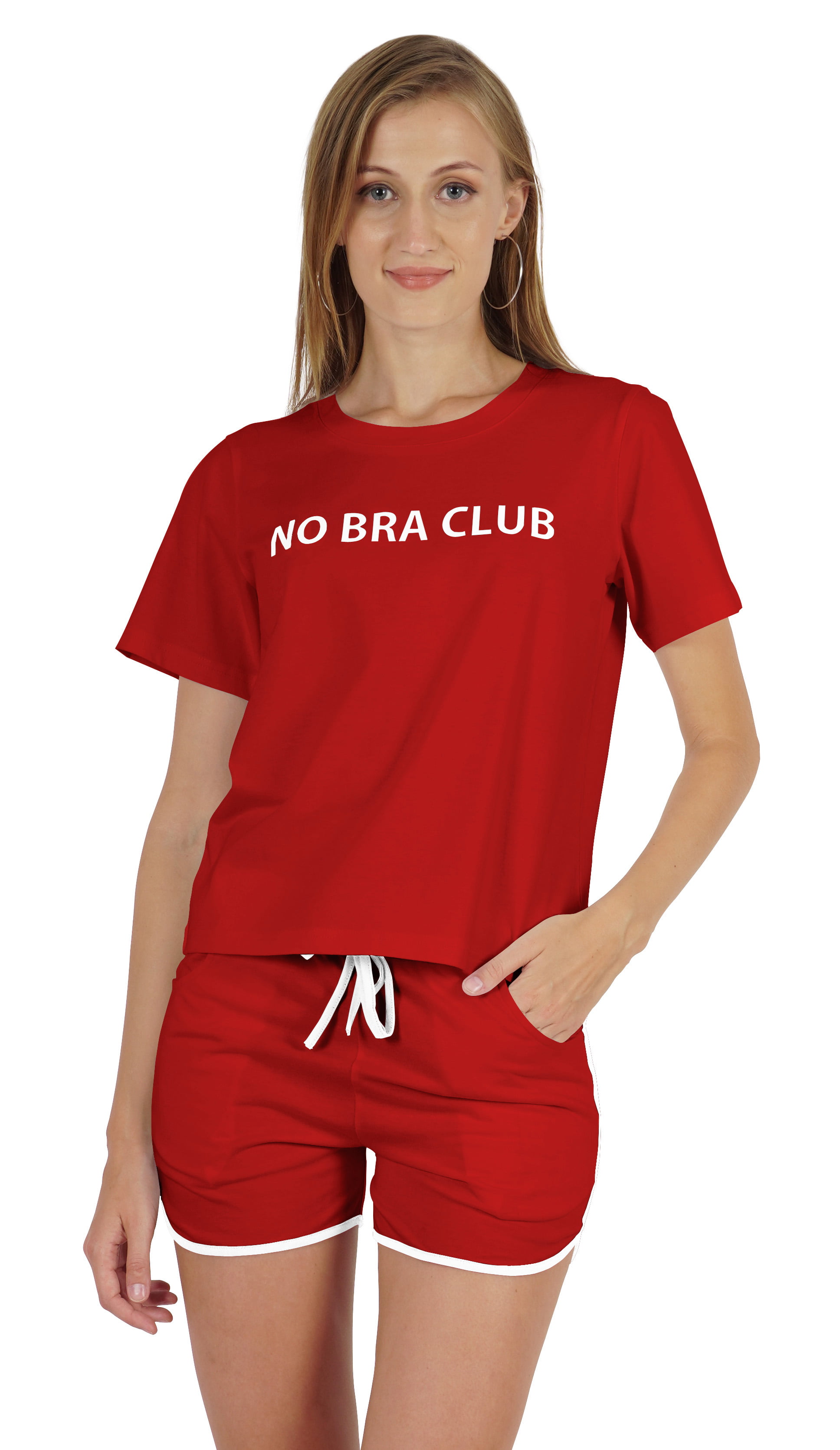 Inkmeso Women's Short Sleeve No Bra Club Go Braless Funny No Bra Day  Nightwear Set 