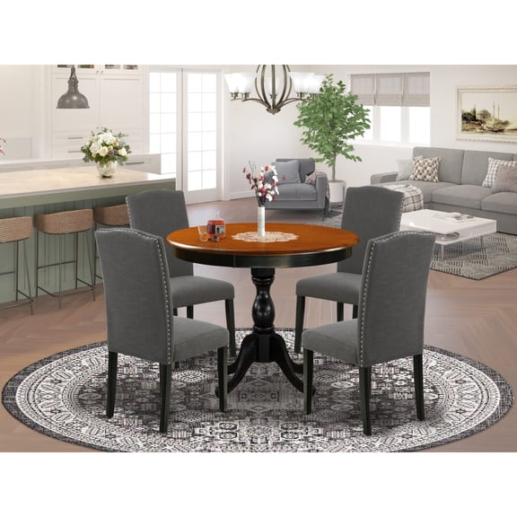 AMEL3-BCH-21 Dining Table and 2 Blue Linen Fabric Parson Chairs - Black Finish