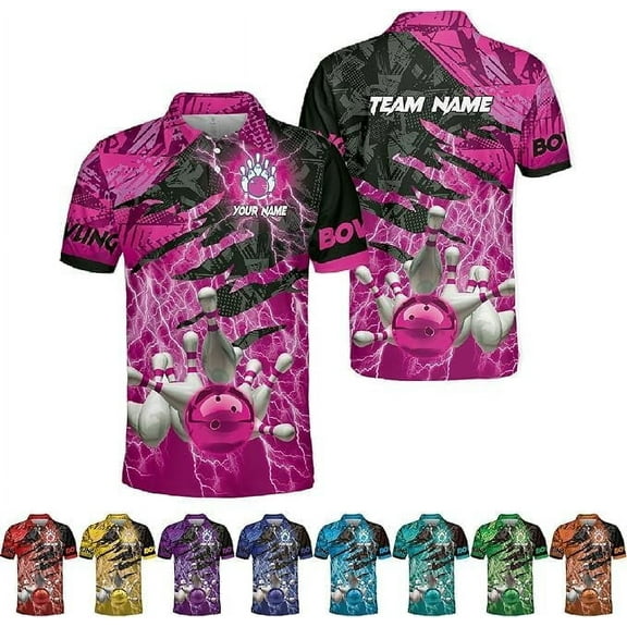 Personalized Name Bowling Polo Shirts 3D for Men & Women, Custom Bowling Shirts for Team, Bowling Team Polo Shirt (PE + 3-5% Spandex, PL107) (Pink, S)