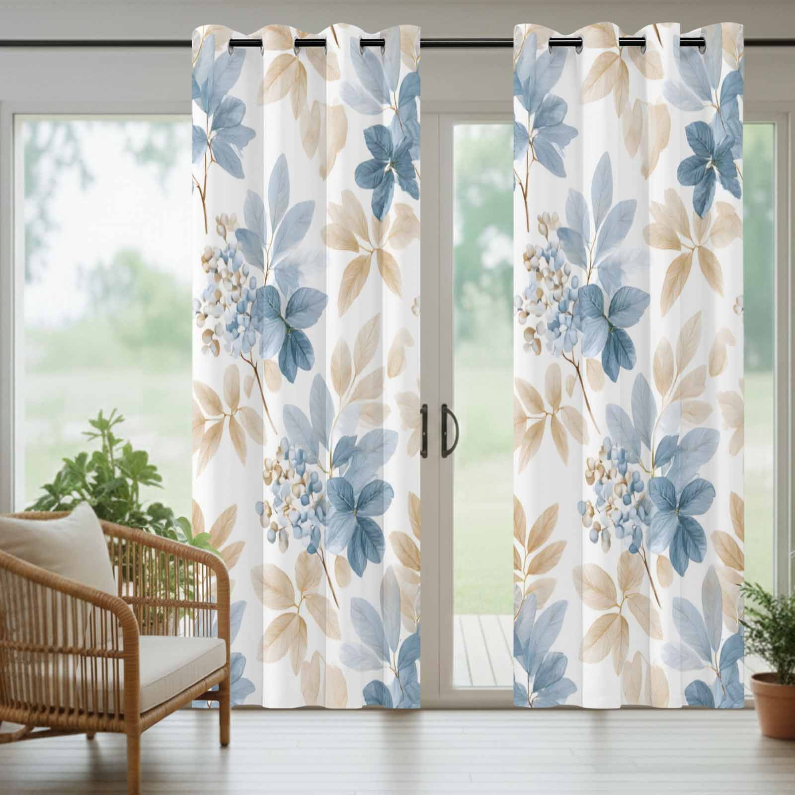 Gray Blue Brown Leaves Outdoor Curtains for Patio, Watercolor Botanical Floral Sunshade Privacy Drapes Grommet Waterproof Outside Curtains for Porch/Cabana/Balcony 54"x 108", 1 Panel