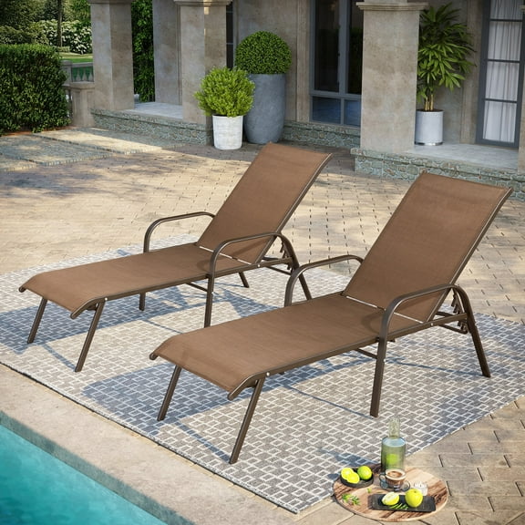 Pellebant Adjustable Steel Chaise Lounge Chair, 5‑Position Recliner with Rust-Resistant Frame for Patio, Poolside, Garden, and Indoor Use，Brown