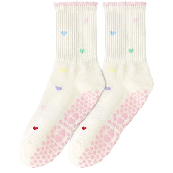 Yawlsow Pilates Grip Socks for Women, 1 Pair Non-Slip Yoga Ruffle Crew Sock with Heart Pattern for Barre Ballet Workout