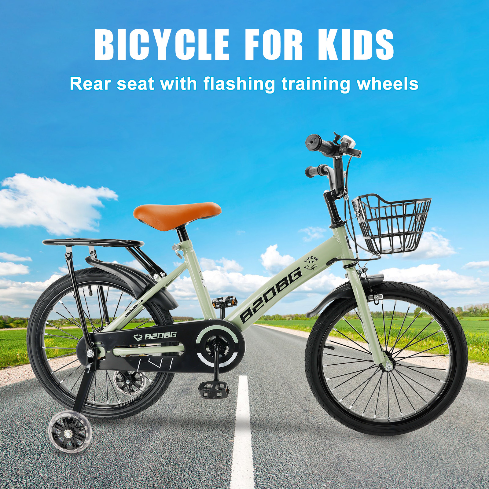 ARTUDATECH Kids Bike, 18 Inch Children Bikes for Boys Girls Age 6-10 Years old with Lighting Training Wheels, Basket, Dual Brake, Kids Bicycle Green