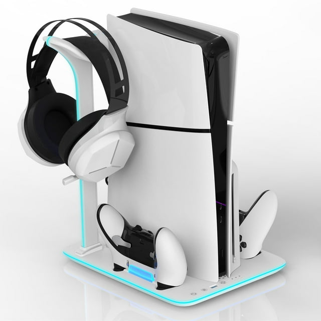 Support pour PS5 Slim avec Station de Refroidissement et Station de Recharge pour Manettes, Base Multifonctionnelle de Dissipation de Chaleur pour Hôte, Chargement de Manettes de Jeu et Support de Rangement pour Disques