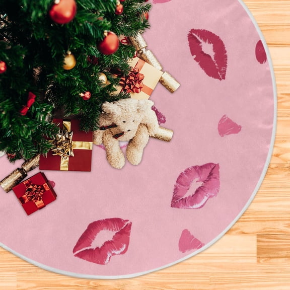 Lipstick Prints Hearts Valentine Christmas Tree Skirt Opening Design Floor Protection Holiday Decor 35.4" Diameter S