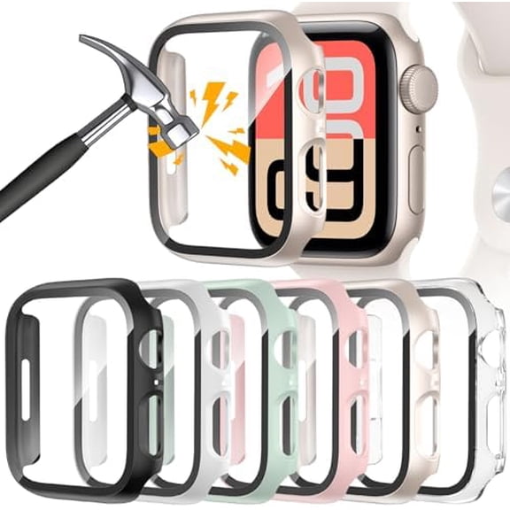 [6 Pack] Case for Apple Watch 40mm SE 3/SE 2nd Gen/Series 6/5/4/SE, Ultra‑Thin Tempered Glass Screen Protector, Full‑Coverage Shockproof Hard Face Cover for iWatch 40mm