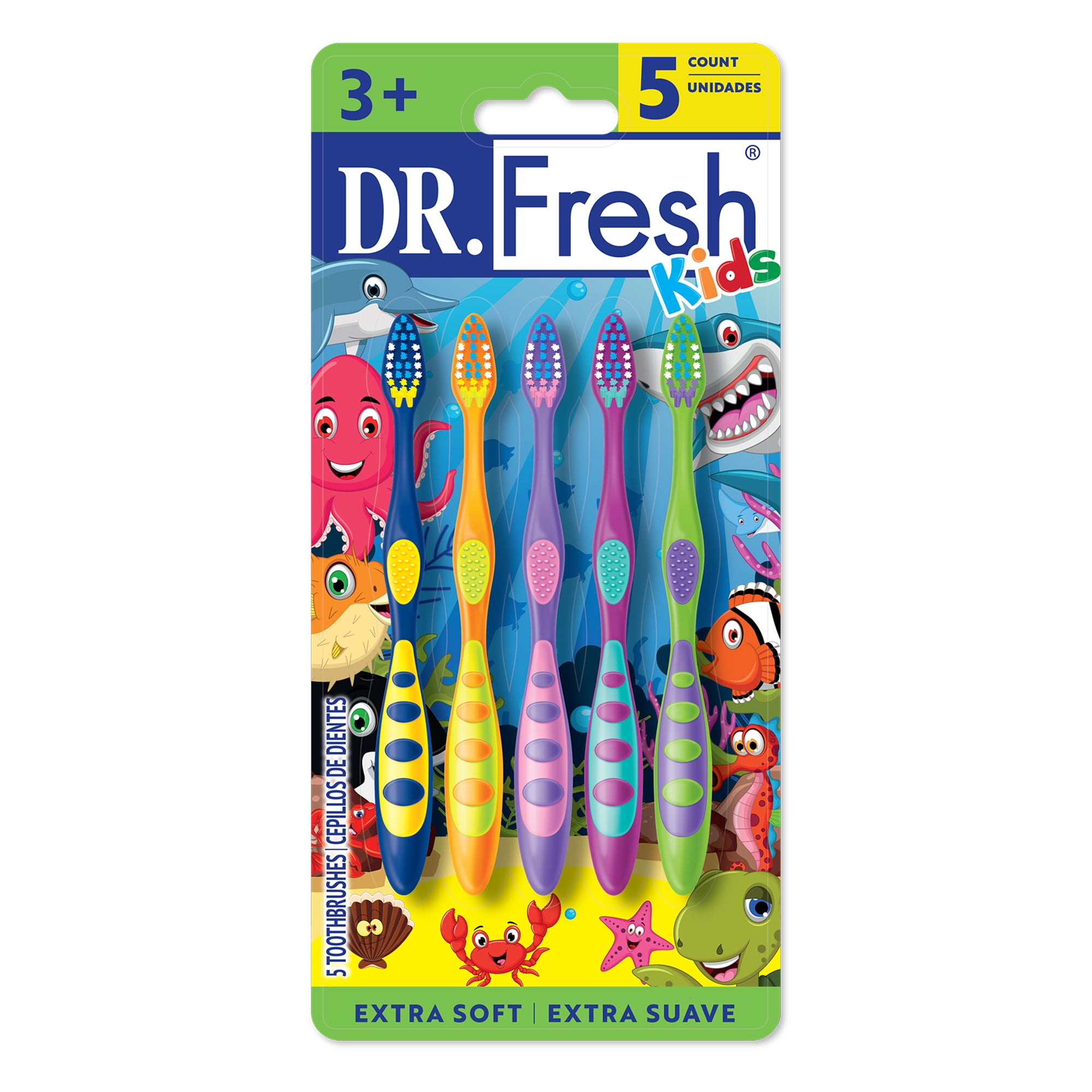Dr. Fresh Brand Kids Toothbrush with Non-Slip Handle, Tongue Cleaner, Soft Bristles, 5 Count
