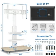 RTVR Rolling TV Stand Modern 3 Shelves for TVs up to 85 inch, Wood Base for Home Office, White