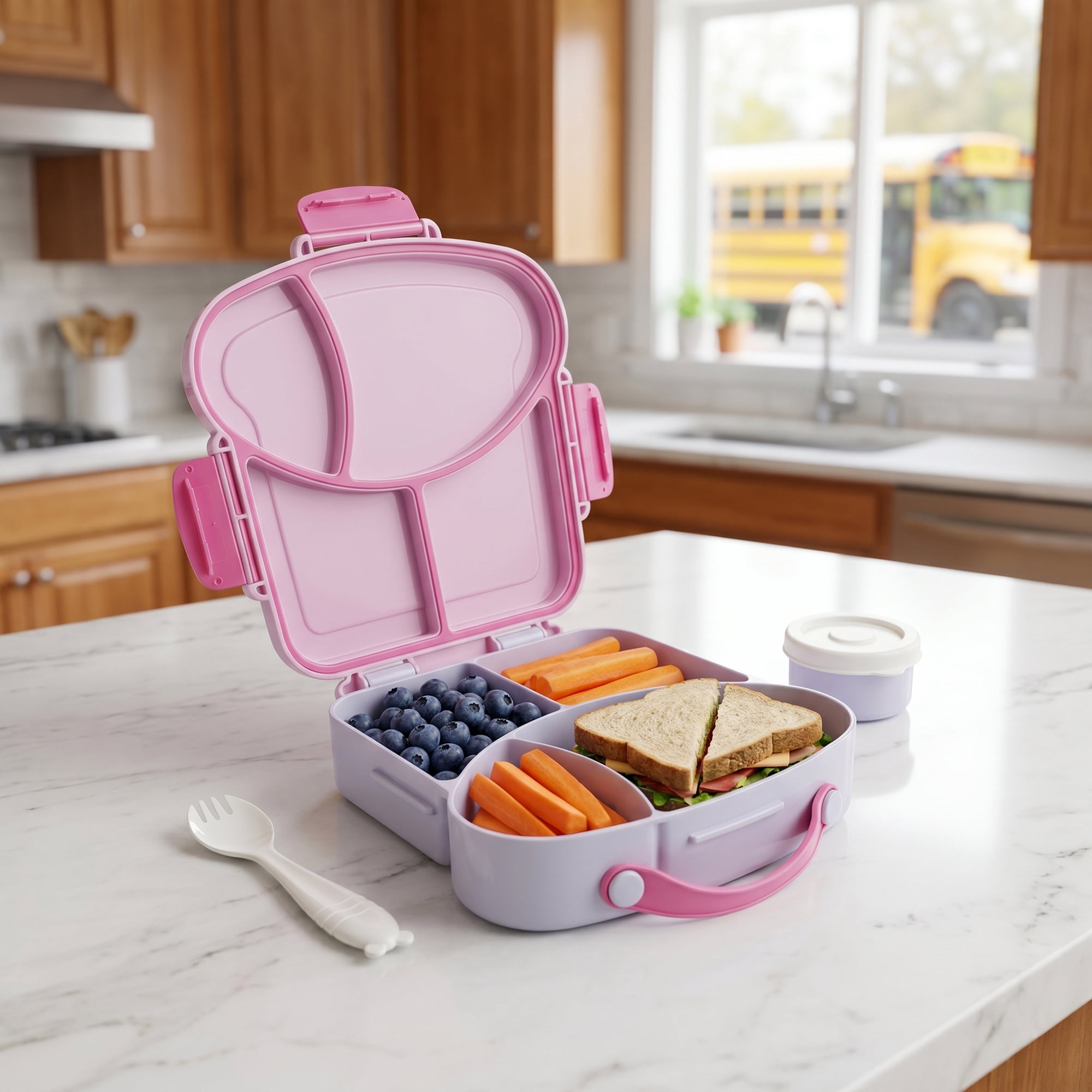 Unique Bargains 4-Compartment Meal Lunch Bento Box with Matching Cutlery Taro Purple