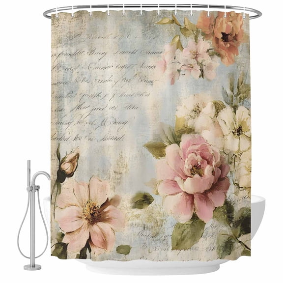 Farmhouse Pink Floral Shower Curtain Set - Extra Long 72" x 96" Washable Bathtub Curtain with 12 Hooks, Spring Vintage Botanical Flowers Waterproof Fabric Stall Shower Curtains for Bathroom Décor