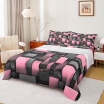 Castle Fairy Geometric Plaid Full Size Sheets for Boys Girls,Black Pink Grid Bed Sheets