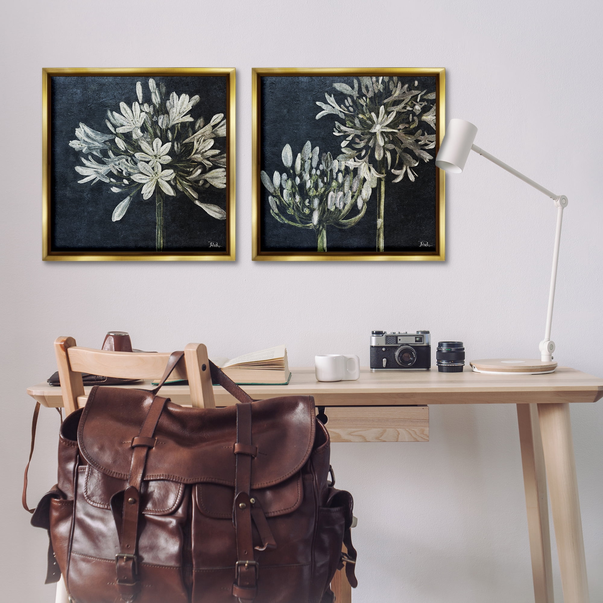 Stupell Industries Blossoming Flower Stem Plants & Flowers Painting Gold Floater Framed Canvas Art Print Wall Art, 25 x 25, Set of 2