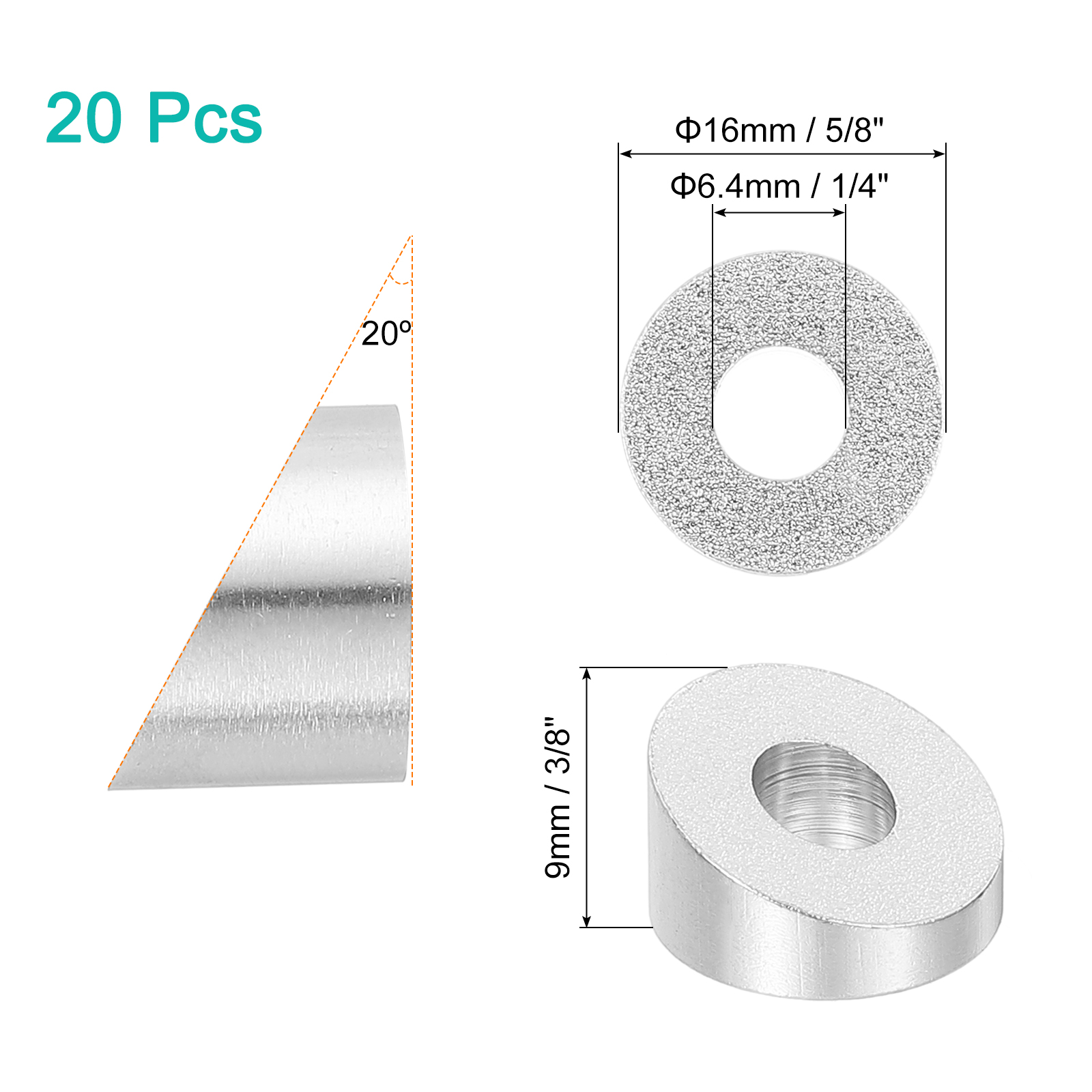 20 Pack 1/4 Inch 20 Degree Angle Beveled Washer, T316 Stainless Steel Angled Washer for Cable Railing Stair Ends Wood Metal Posts, Silver