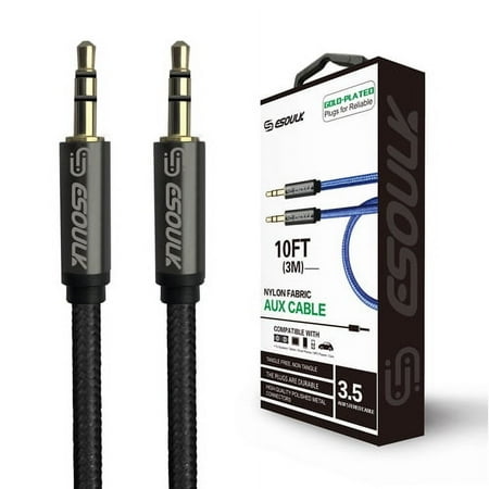 Esoulk 24K Gold Plated 3.5mm Nylon Fabric Tangle-Free Male Aux Audio Cable 10FT - Black