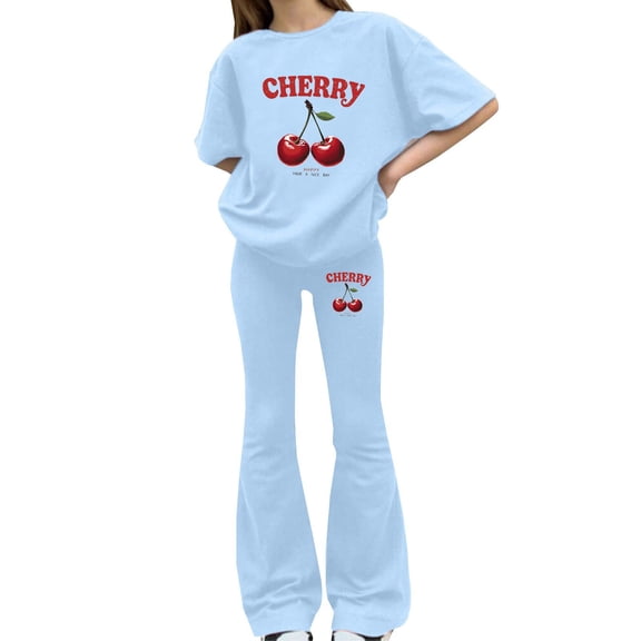 Ruyang Girls 2 Piece Clothes Crew Neck Cherry Print Blouse T-Shirt and Flared Pants Sets Toddlers Active Sportswear Outfits