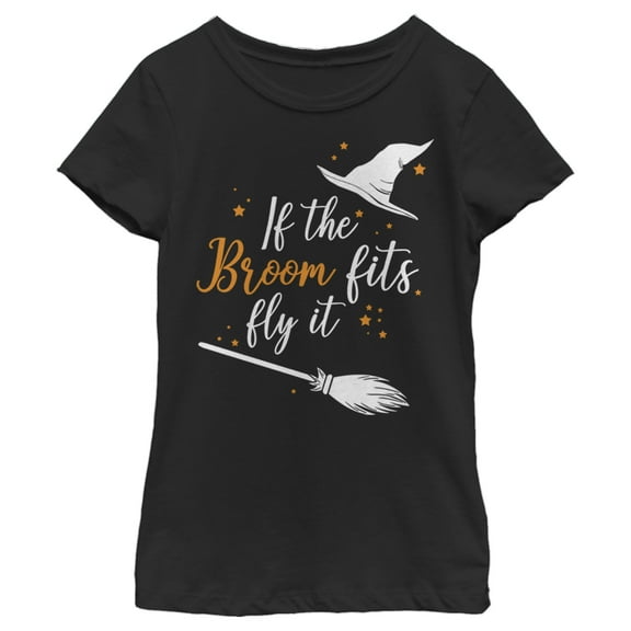 Girl's Lost Gods Halloween If the Broom Fits Fly It Graphic Tee Black Small