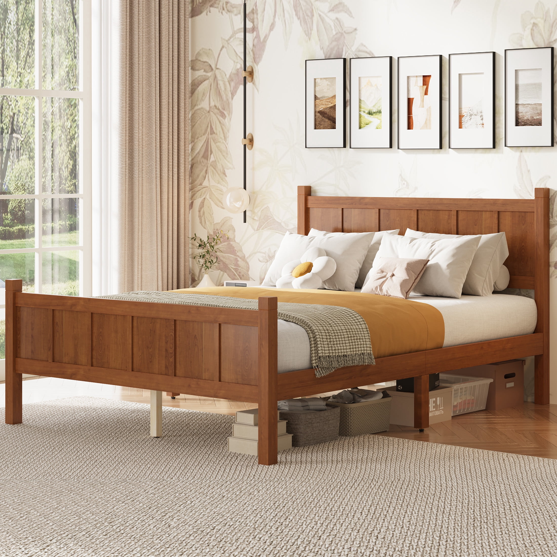 Noble House Full Platform Bed with Headboard and Footboard, Wood Frame, Light Walnut
