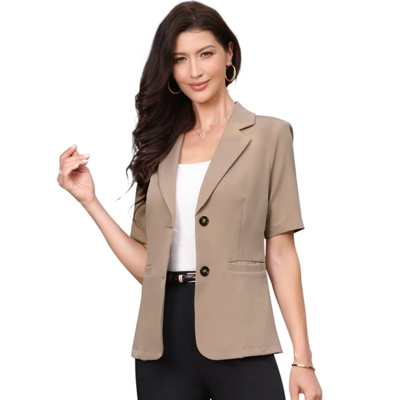 DARING DIVA Women's Short Sleever Notched Lapel Button Down Blazer Jacket XS Camel