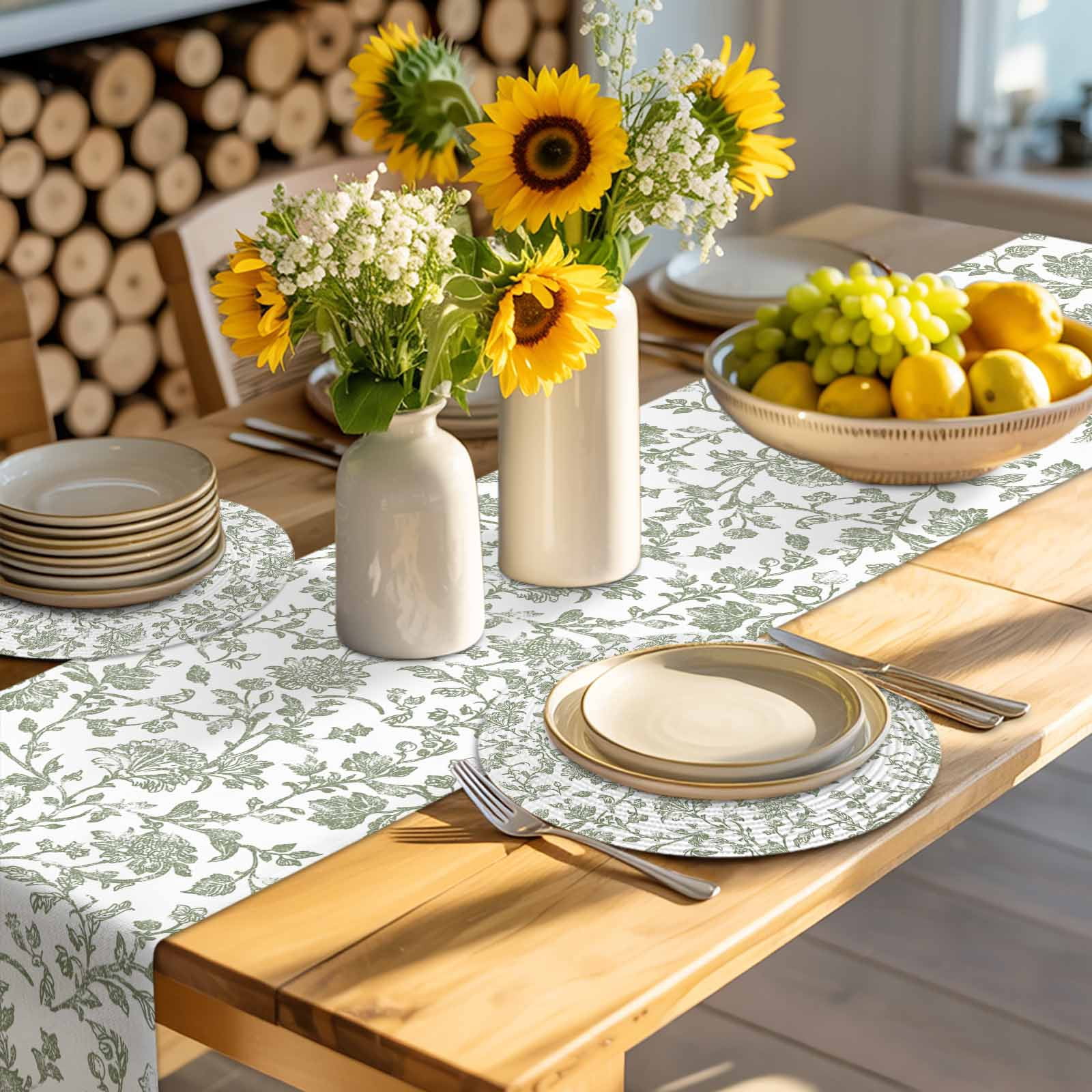 Sage Green Flower Round 13 Inch Placemats Set of 6, Vintage Farmhouse Boho Leaf Spring HeatResistant Non Slip Place Mats for Dining Table, Wipeable Braided Kitchen Table Mats for Housewarming