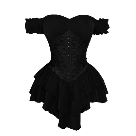 NordicNest Women's Off‑Shoulder Corset Mini Dress Ruffled Asymmetrical Hem Pleated Details Flowy Holiday Party Club Dresses Black,XS