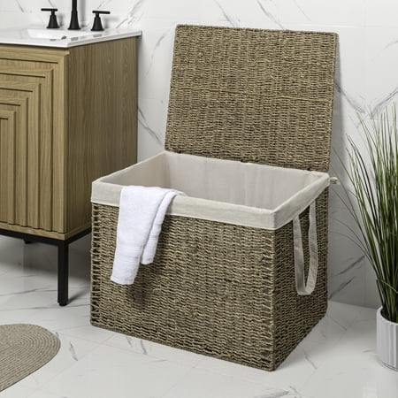 happimess BSK2017A Reed Coastal Bohemian Handwoven Seagrass Laundry Hamper 110L (29.1 Gallon) with Lid and Removable Liner, Natural