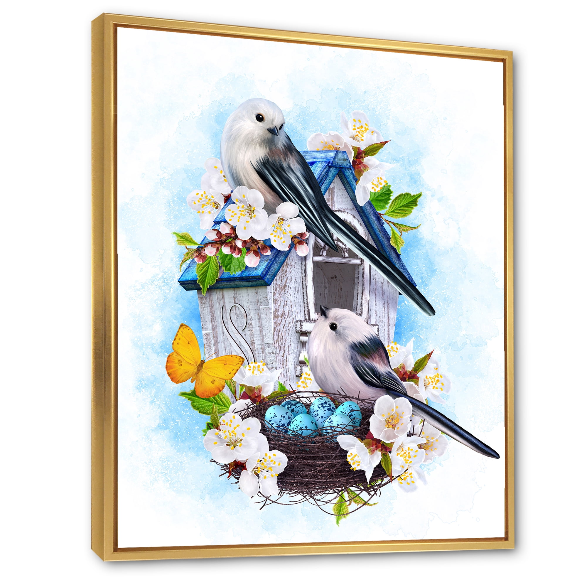 Designart 'Two Tit Birds Sitting Near The Nest With Eggs and White Flowers II' Traditional Framed Canvas Wall Art Print