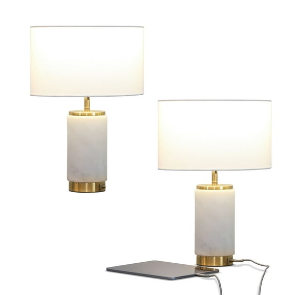 Brightech Arden LED Table Lamp Set with USB Port - Bedside Reading Lamp, Modern Desk Lamp, Nightstand Lamp with Ambient Lighting for Bedroom, Living Room, Office -Stylish Lampshade & Marble Finish