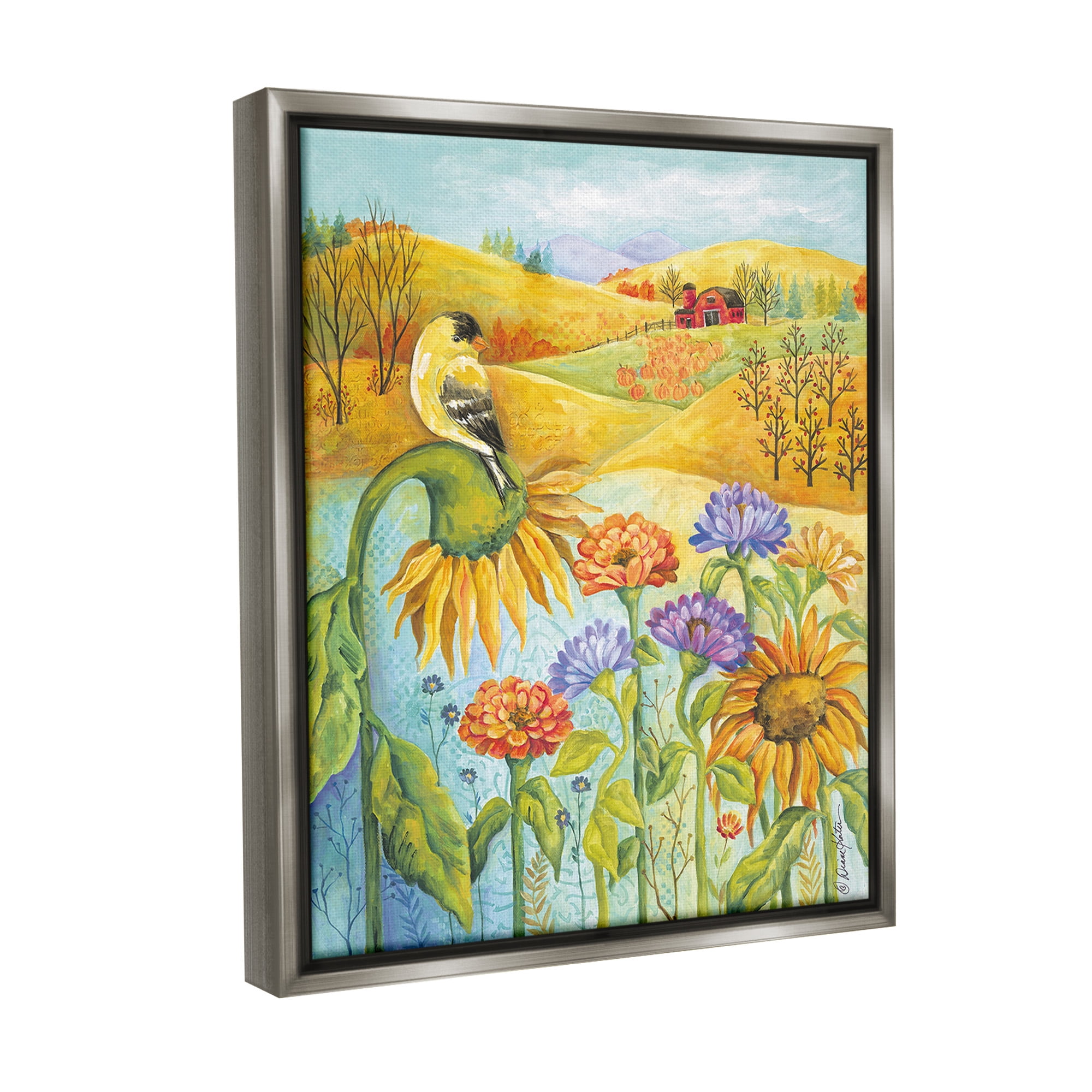 Stupell Industries Bird Perched at Farm Botanical & Floral Painting Gray Floater Framed Canvas Art Print Wall Art, 25 x 31
