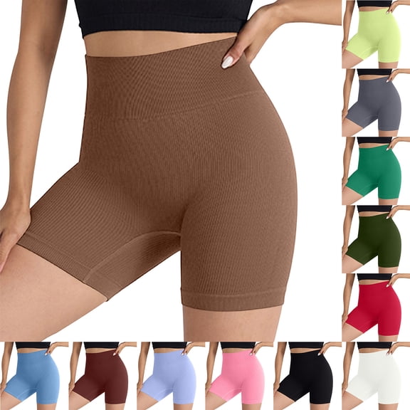 Hrsba High Waisted Fitted Gym Shorts for Women Solid Color Breathable Fast Drying Comfortable Stretch Summer Workout Yoga Training Wear Bottoms