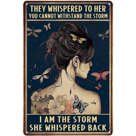 Inspirational Boho Wall Art 12x8, Vintage Metal Tin Sign Motivational Poster, They Whispered To Her You Cannot Withstand The Storm, Teen Girl Bedroom Decor Hippie Gifts For Women