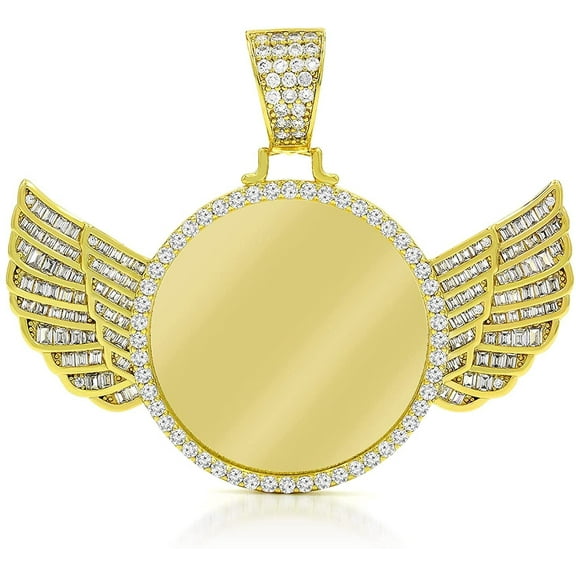 .925 Sterling Silver Angel Wing Round Disc, Engraveable, Picture Frame, Gold Plated Micro Pave Cubic Zirconia, Giorgio Bergamo Gold