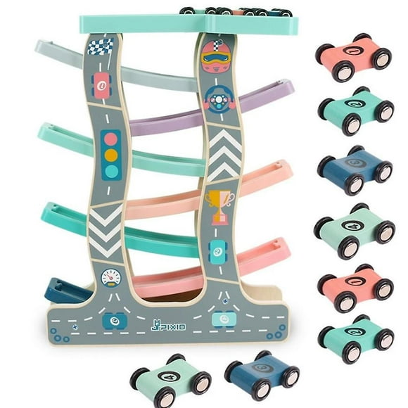 Montessori Toys Craft Gift, Wooden Car Ramp Racer for 1 2 3 Year Olds with 8 Mini Cars, STEM Learning Toy for Boys and Girls