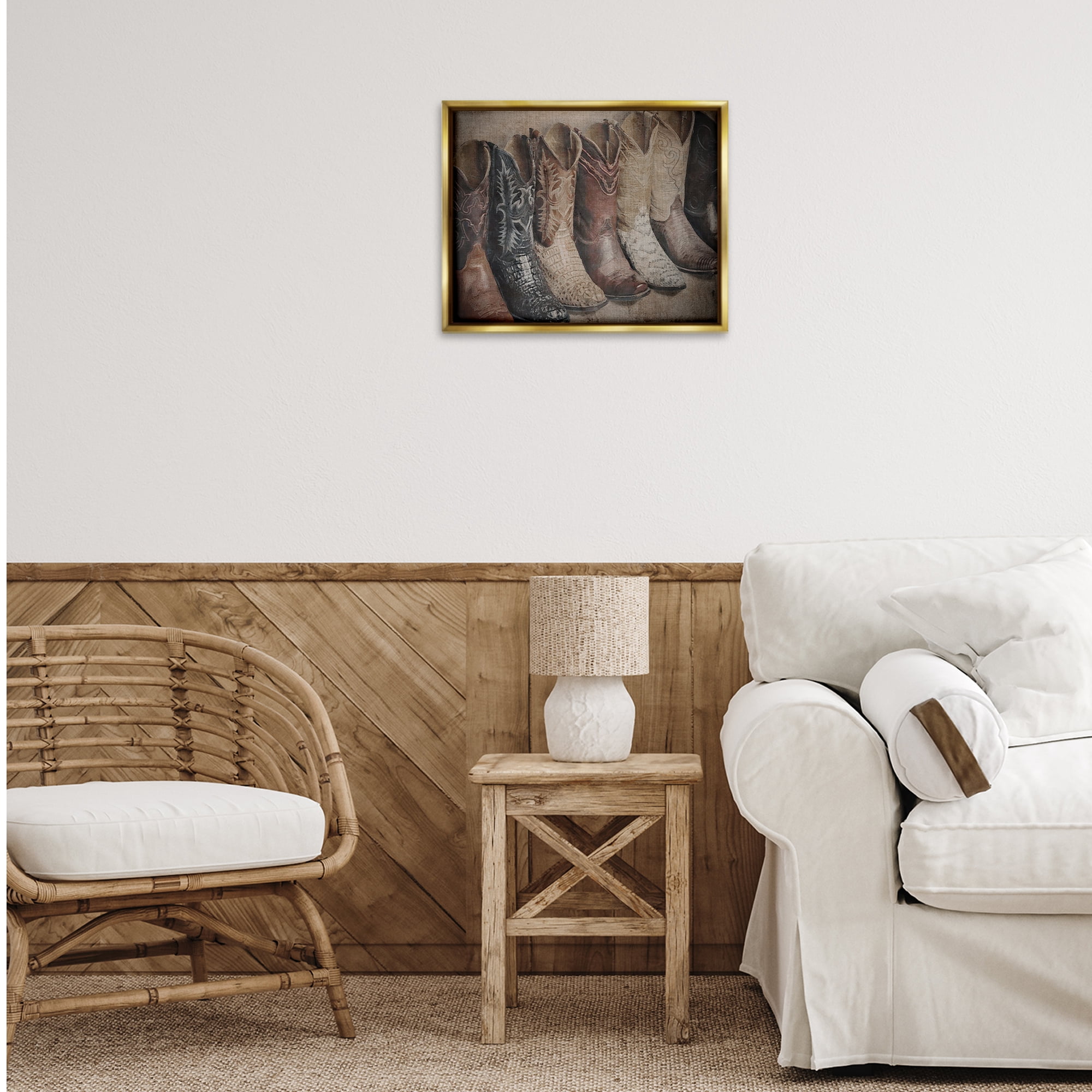 Stupell Industries Texan Lineup Boots Beauty & Fashion Photography Gold Floater Framed Art Print Wall Art, 21 x 17