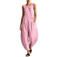 thumbnail image 2 of BRGZLK Women Sleeveless Jumpsuits Casual Dressy Button Crewneck Solid Color Lightweight Comfy Wide Leg Pants Rompers with Pockets Loose Breathable Vacation Outfits Pink 2XL, 2 of 6