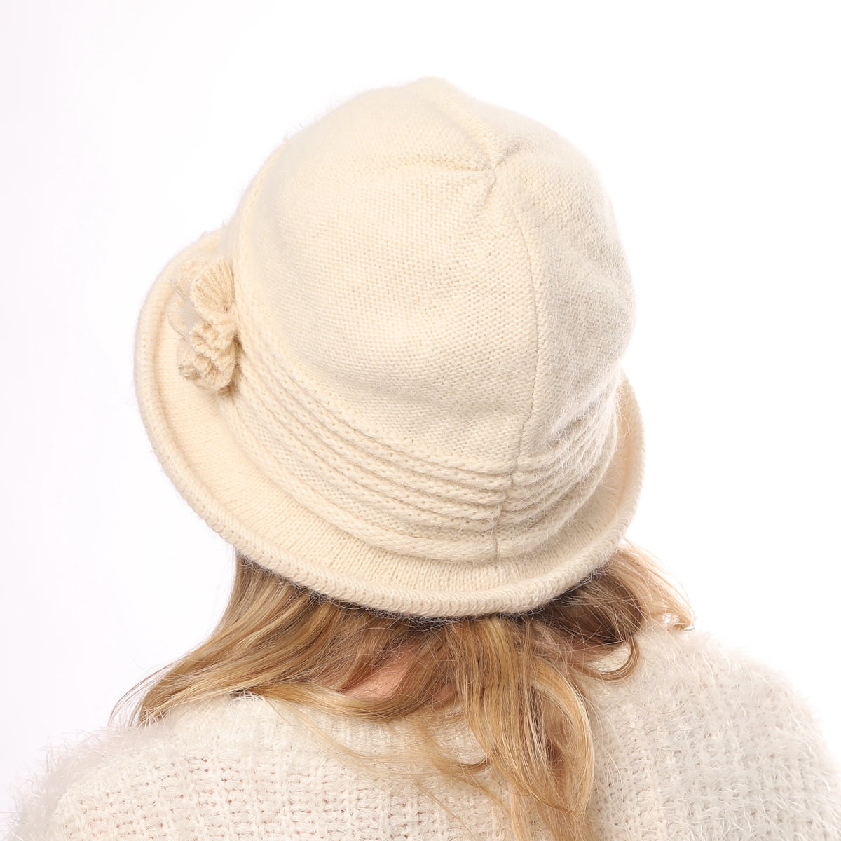 Women Winter Knit 1920s Vintage Bucket Bowler Hat Round Brim 