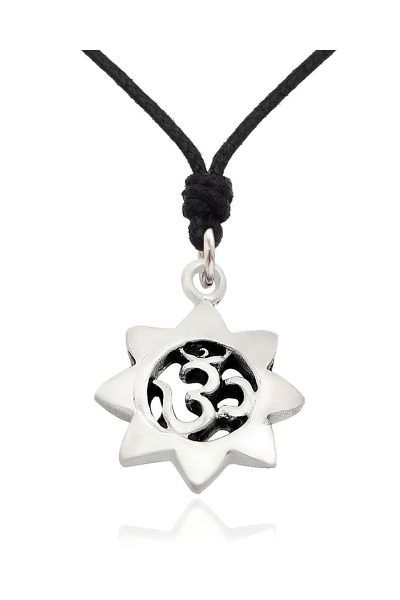 Small Hindu Om Omh Silver Pewter Charm Necklace Pendant Jewelry With Cotton Cord