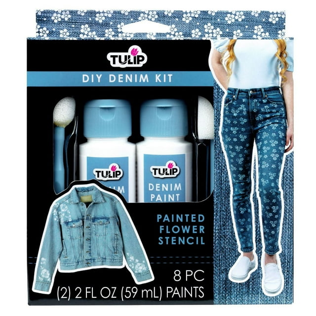 Kit DIY Peinture Denim Tulip, Peintures permanentes, Kit créatif pour débutants, Inclut pochoirs, tampons, pinceaux et guide de projet facile, 8 pièces