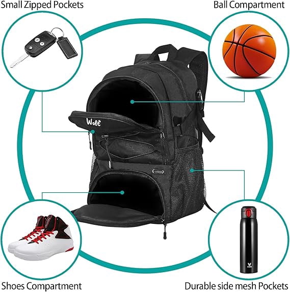WOLT Best Basketball Backpack for Man with Ventilated Shoe & Ball Compartments, 34L Basketball Bag Black