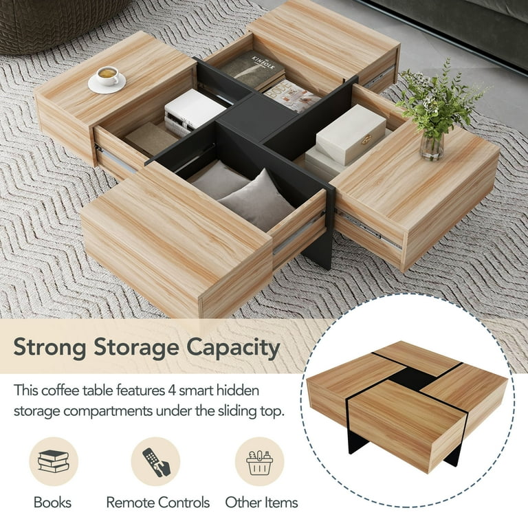 Euroco 31.5 inch Square Coffee Table with Extendable Tabletop 4 Hidden Storage Compartments UV High Gloss Finish