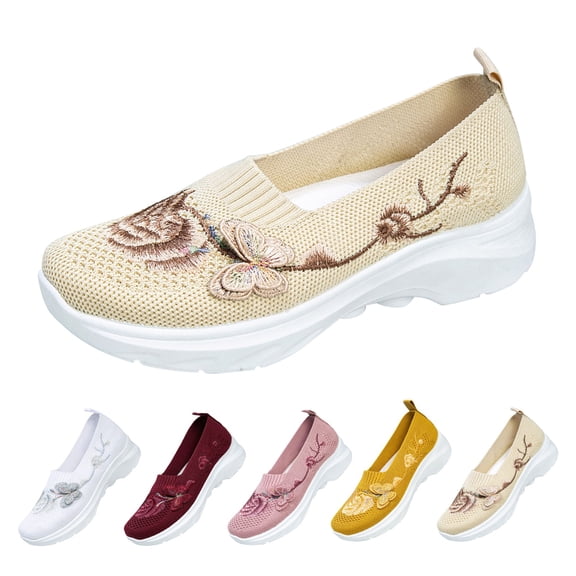 Women's Knit Embroidered Platform Sneakers Slip On Breathable Rocker Shoes Daily Commute Work Shopping Stylish Casual Footwear Beige 35