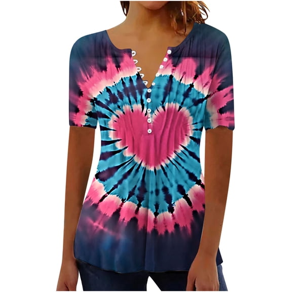 mihongmao Valentine Graphic T Shirts for Women Valentine's Day Print Short Sleeved Shirt with V-neck Button Pleats Pink S