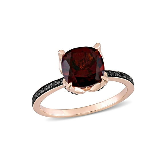 3.08 Carat (Ctw) Cushion-Cut Garnet Ring 10K Rose Gold with Accent Black Diamonds for Women