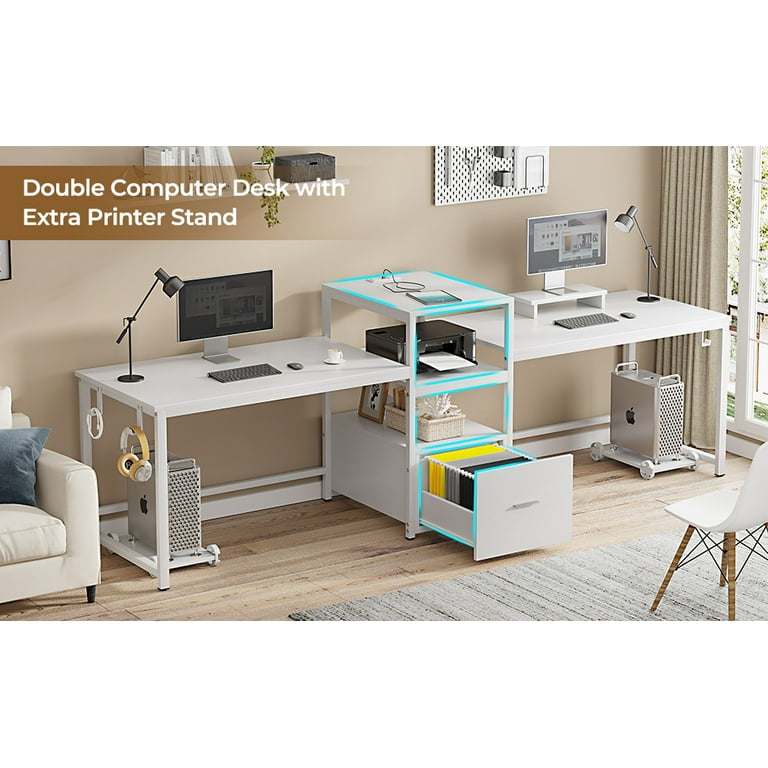 98Home Office Desk with Storage, Two Person Office Computer Desk with  Letter/A4 File Drawer, Power Strip with USB,White