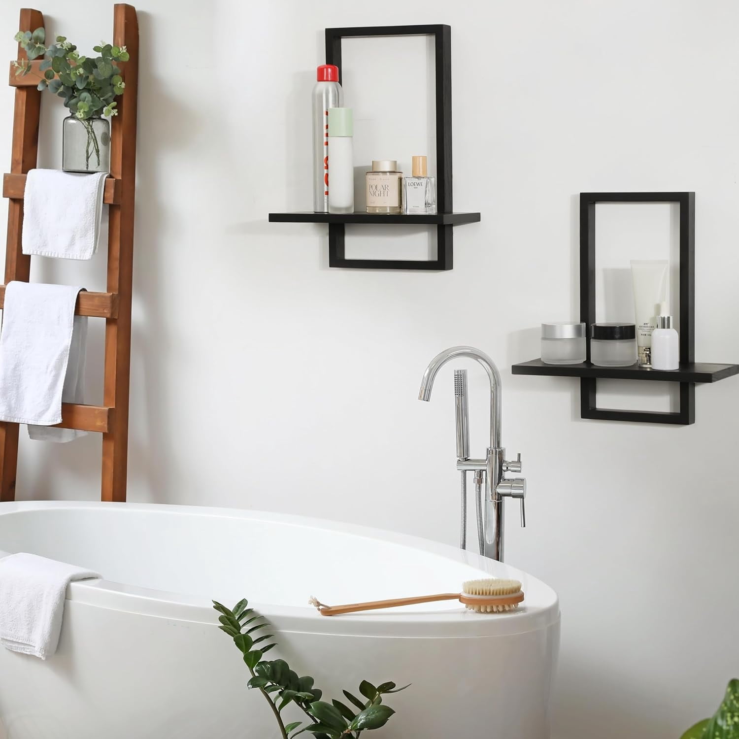 Square Floating Shelves,Wall Plants Holder,Bathroom Wall Decor,Framed Decorative Shelf Black,Modern Chic Set of 2 for Living Room Bedroom Home Office,Soild Wood,L+S
