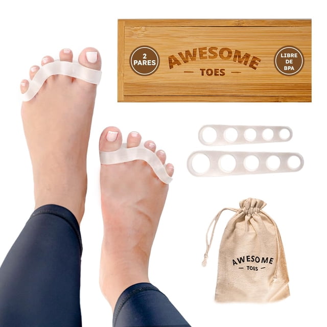 Awesome Toes Natural Toe Spacers & Separators, Fast Pain Relief from Hammertoe & Bunions, Two Pairs in Stylish Wooden Box, Latex-Free Rubber Toe Stretchers Used for Walking, Running & Yoga