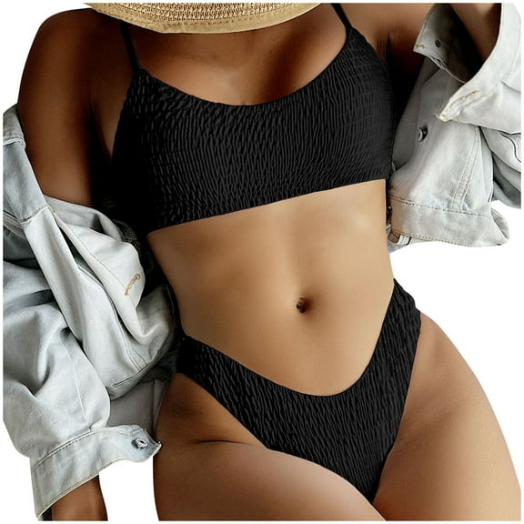 Hipattires Womens Two Piece Bathing Suits Bikini Sets Comfy Plain Athletic Swimwear Black Swimsuits