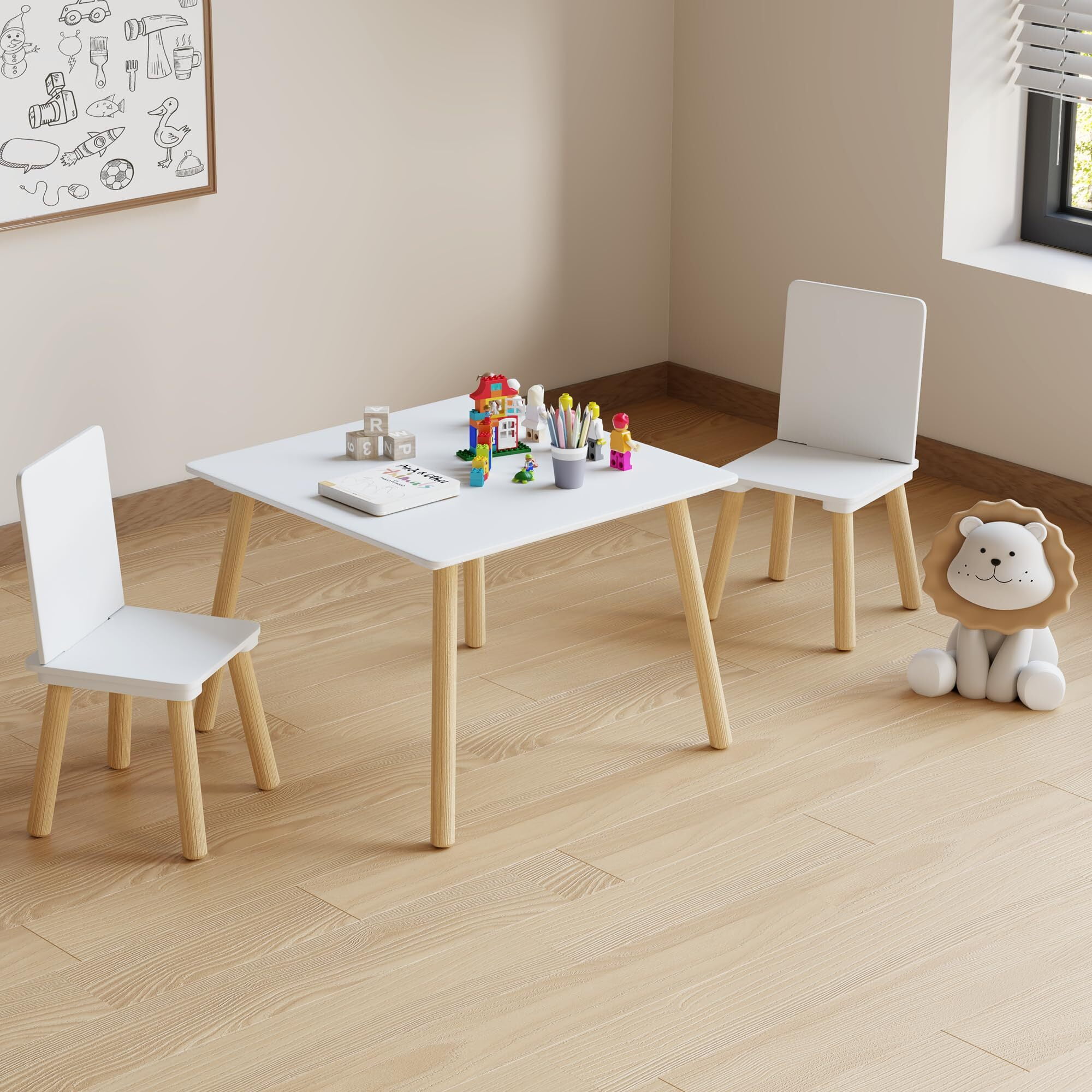 Syngar Kids Table and Chairs Set 3 Piece,Wooden Activity Table and Chairs Set for Toddlers Eating, Arts, Crafts, Drawing, Reading, PlayRoom, Gift for Gils Boys 1-7