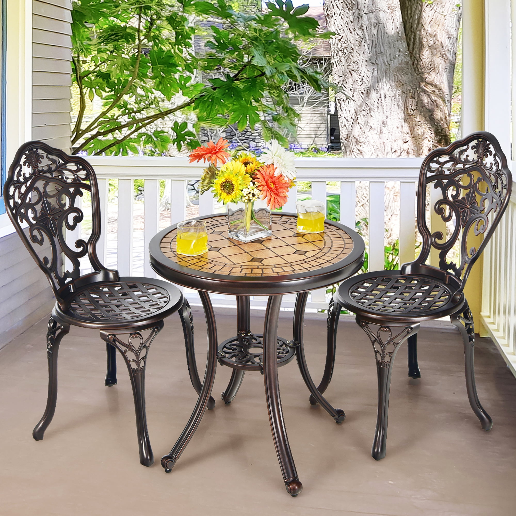 Costway 3PCS Patio Bistro Set Round Table Chairs All Weather Cast Aluminum Yard Walmart