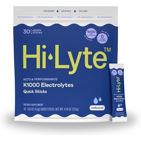 Hi-Lyte Keto K1000 Hydration Packets | Unflavored | Electrolyte Powder Drink Mix | Boost Energy & Beat Leg Cramps | No Maltodextrin or Sugar | 30 Servings